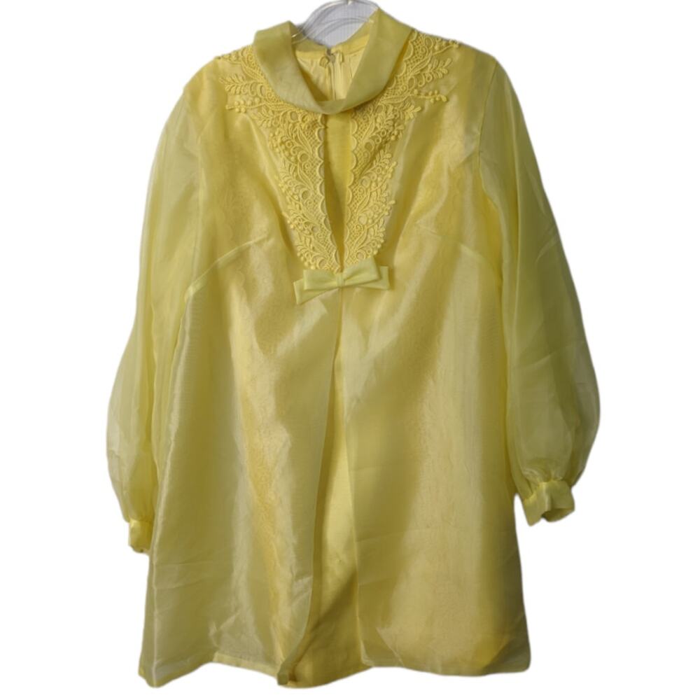 Vintage 60's Yellow Sheath Dress Vest Set Chiffon Sleeves and Vest Lace Detail